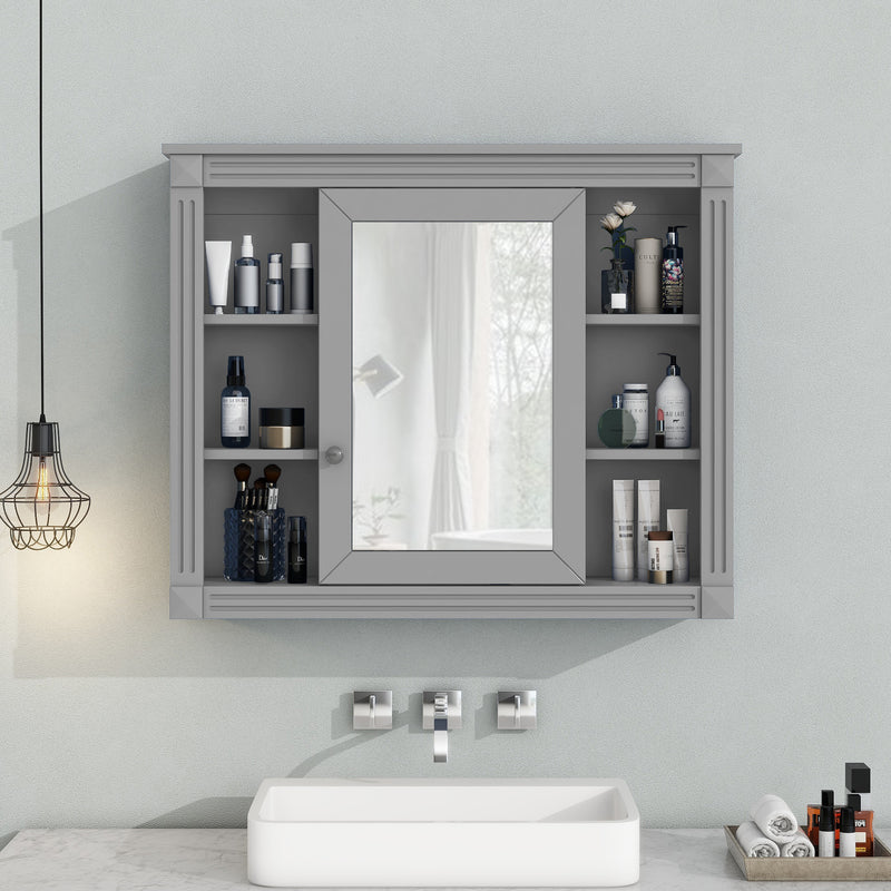 35'' x 28'' Wall Mounted Bathroom Storage Cabinet, Modern Bathroom Wall Cabinet with Mirror, Mirror Cabinet with 6 Open Shelves (Not Include Bathroom Vanity )