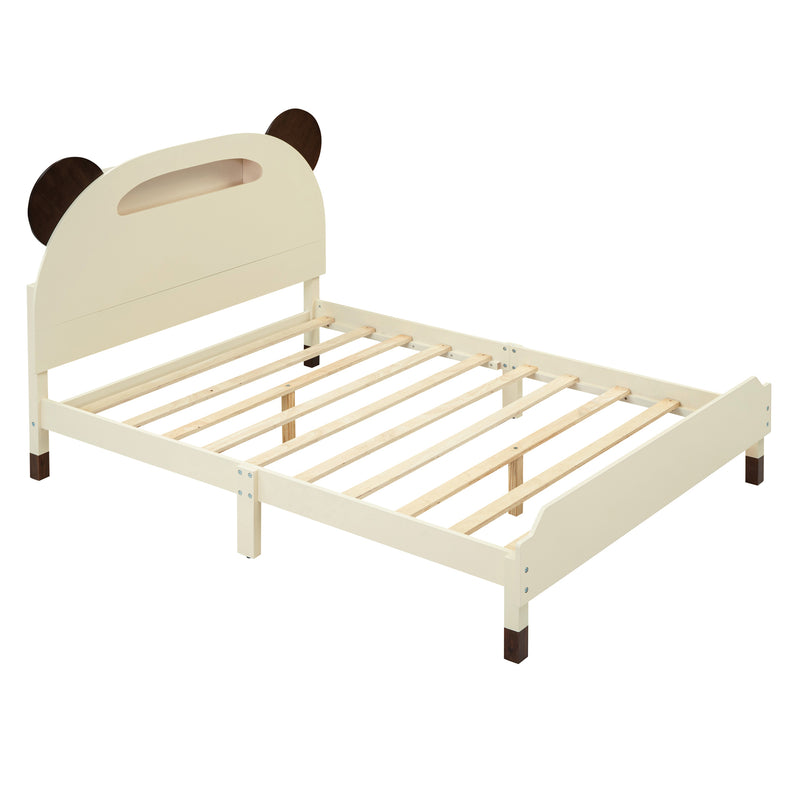 Full Size Wood Platform Bed with Bear-shaped Headboard,Bed with Motion Activated Night Lights,Cream+Walnut
