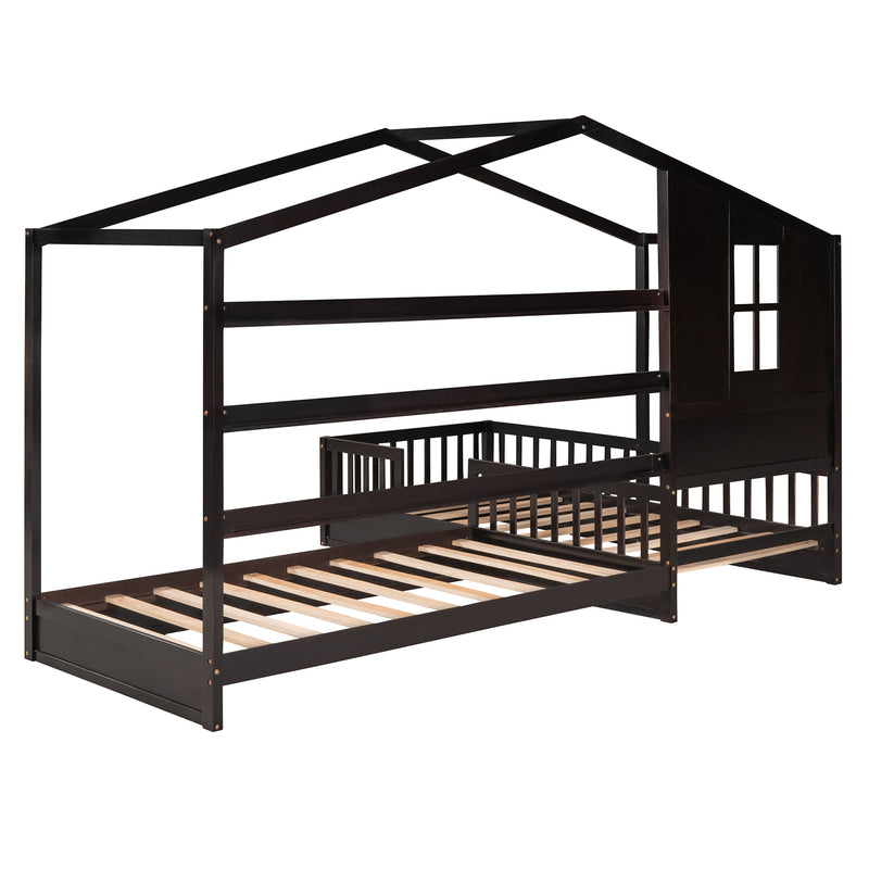 Wood House Bed Twin Size, 2 Twin Solid Bed L structure with fence and slatted frame （Espresso)