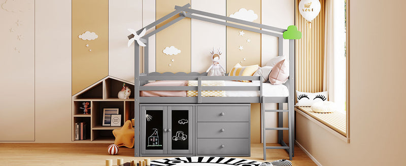 Twin Size House Bed With Cabinet and Drawers, Gray