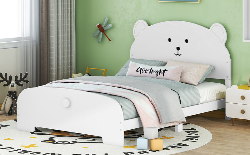 Full Size Wood Platform Bed with Bear-shaped Headboard and Footboard,White