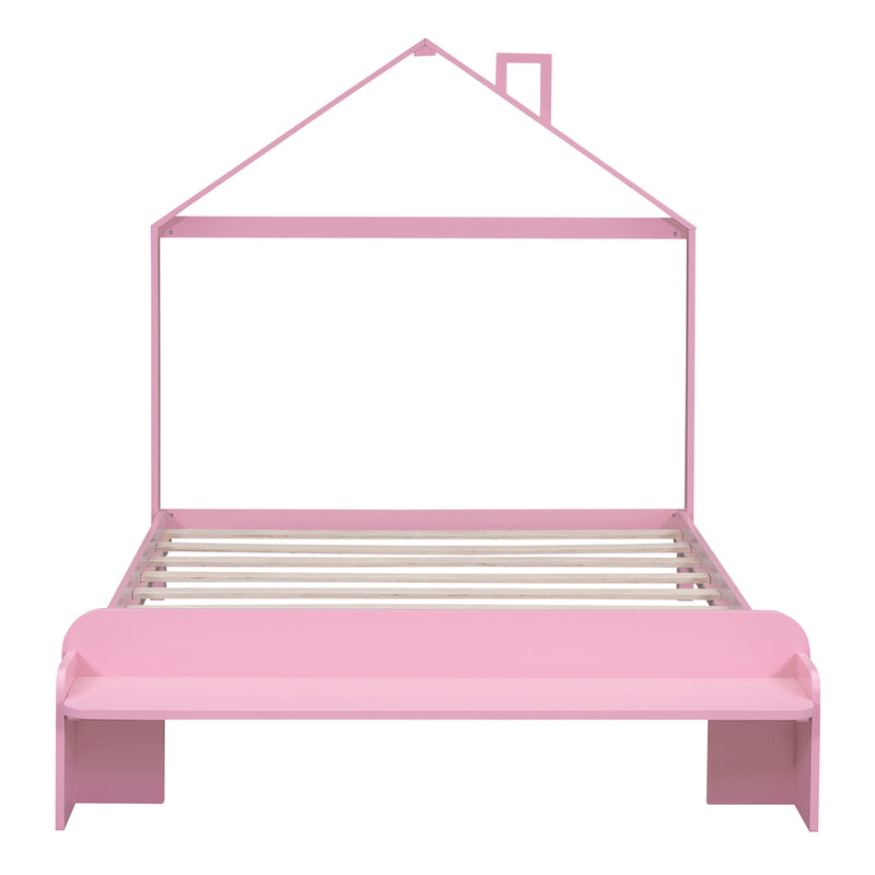 Full Size Wood Platform Bed with House-shaped Headboard and Footboard Bench,Pink