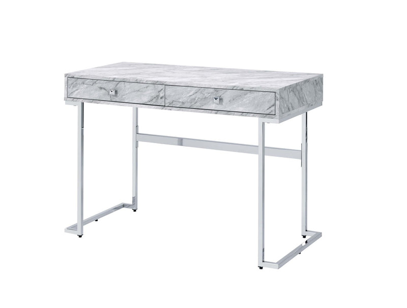 Tigress Writing Desk, White Printed Faux Marble & Chrome Finish YJ