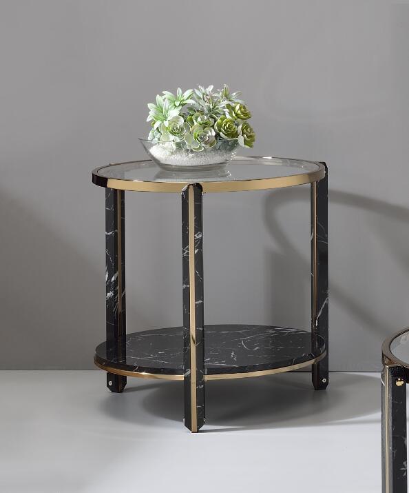 Thistle End Table, Clear Glass, Faux Black Marble & Champagne Finish  YJ