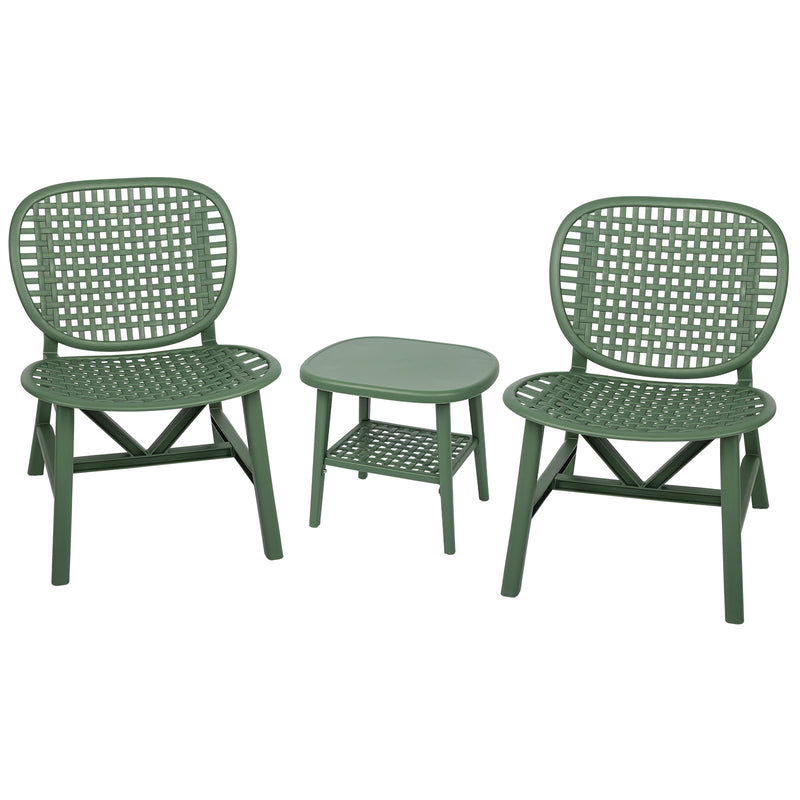 3 Pieces Hollow Design Retro Patio Table Chair Set All Weather Conversation Bistro Set Outdoor Table with Open Shelf and Lounge Chairs with Widened Seat for Balcony Garden Yard Green