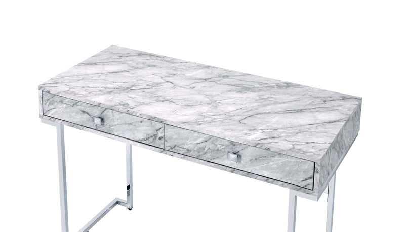 Tigress Writing Desk, White Printed Faux Marble & Chrome Finish YJ