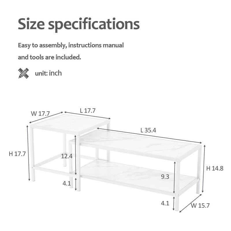 Modern Nesting coffee table Square & rectangle,Black metal frame with wood marble color top