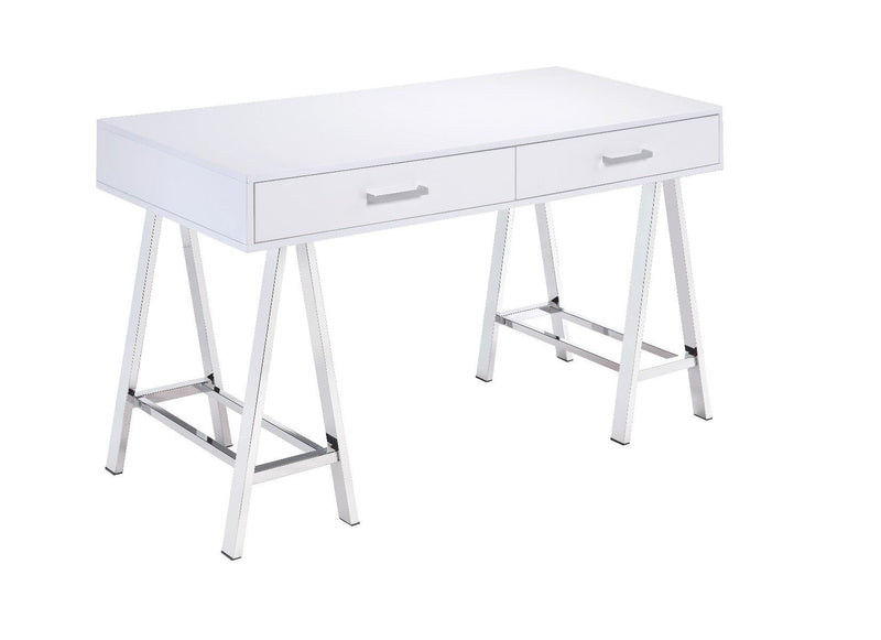 Coleen Built-in USB Port Writing Desk, White High Gloss & Chrome Finish YF