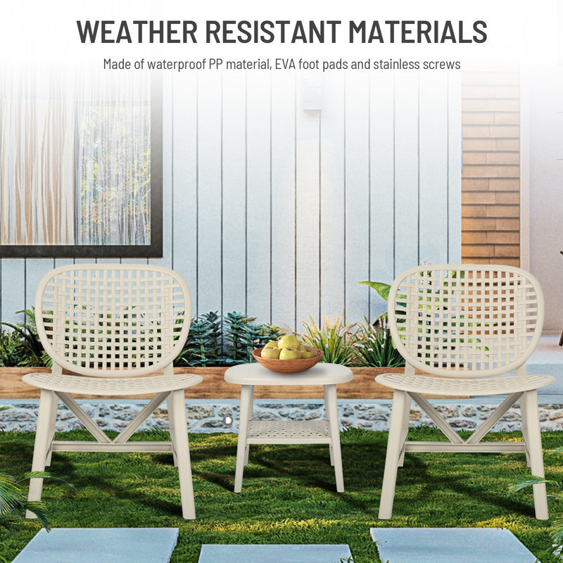 3 Pieces Hollow Design Retro Patio Table Chair Set All Weather Conversation Bistro Set Outdoor Table with Open Shelf and Lounge Chairs with Widened Seat for Balcony Garden Yard White