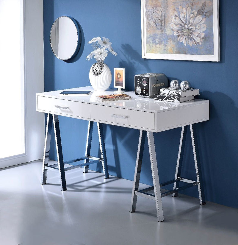 Coleen Built-in USB Port Writing Desk, White High Gloss & Chrome Finish YF