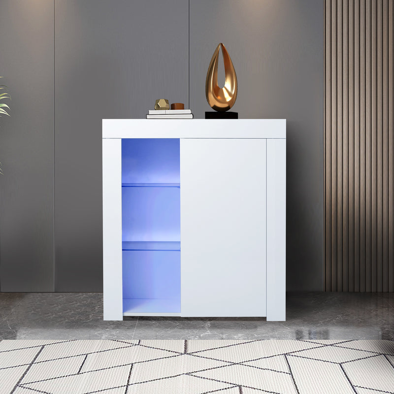 Kitchen Sideboard Cupboard White High Gloss with Blue LED Light, Entryway Living Room Side Storage Cabinet Buffet with Shelves and Door for Dining Room Hallway RT