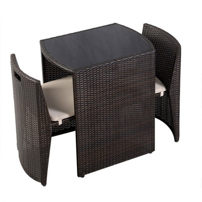 3 Pieces Wicker Patio Cushioned Outdoor Chair and Table Set