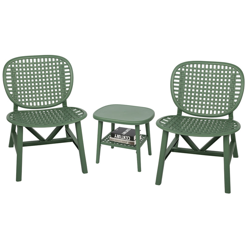 3 Pieces Hollow Design Retro Patio Table Chair Set All Weather Conversation Bistro Set Outdoor Table with Open Shelf and Lounge Chairs with Widened Seat for Balcony Garden Yard Green