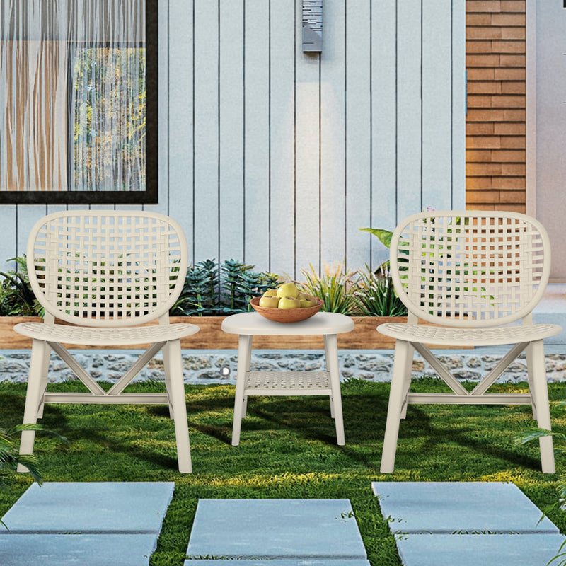 3 Pieces Hollow Design Retro Patio Table Chair Set All Weather Conversation Bistro Set Outdoor Table with Open Shelf and Lounge Chairs with Widened Seat for Balcony Garden Yard White