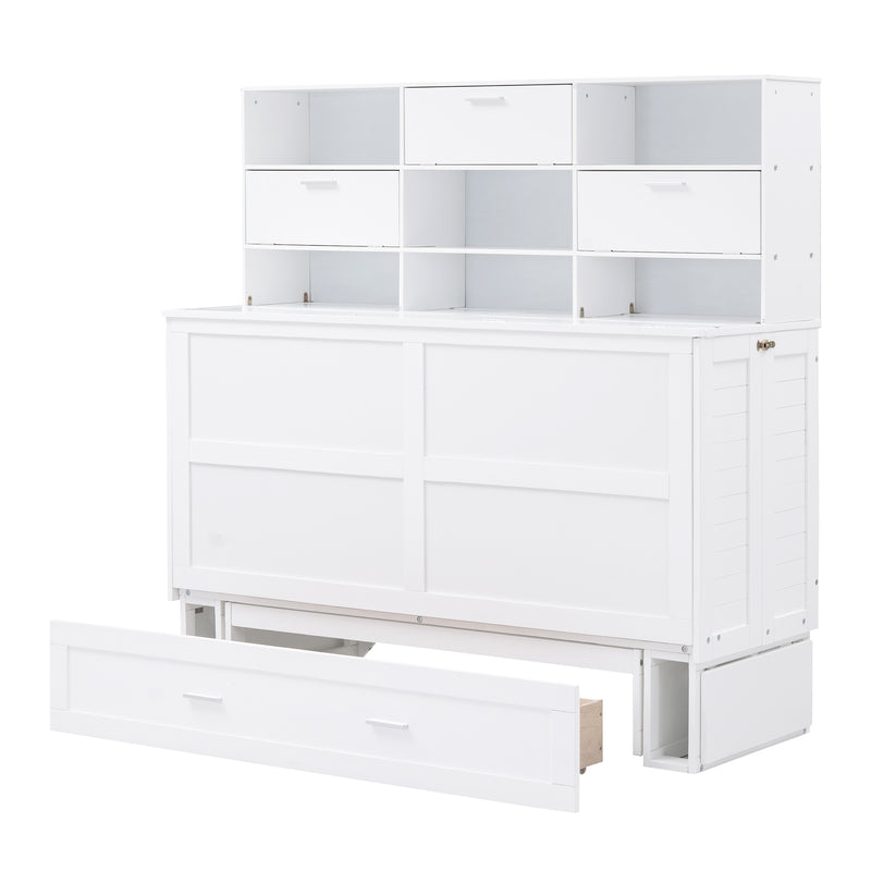 Queen Size Murphy Bed with Bookcase, Bedside Shelves and a Big Drawer, White