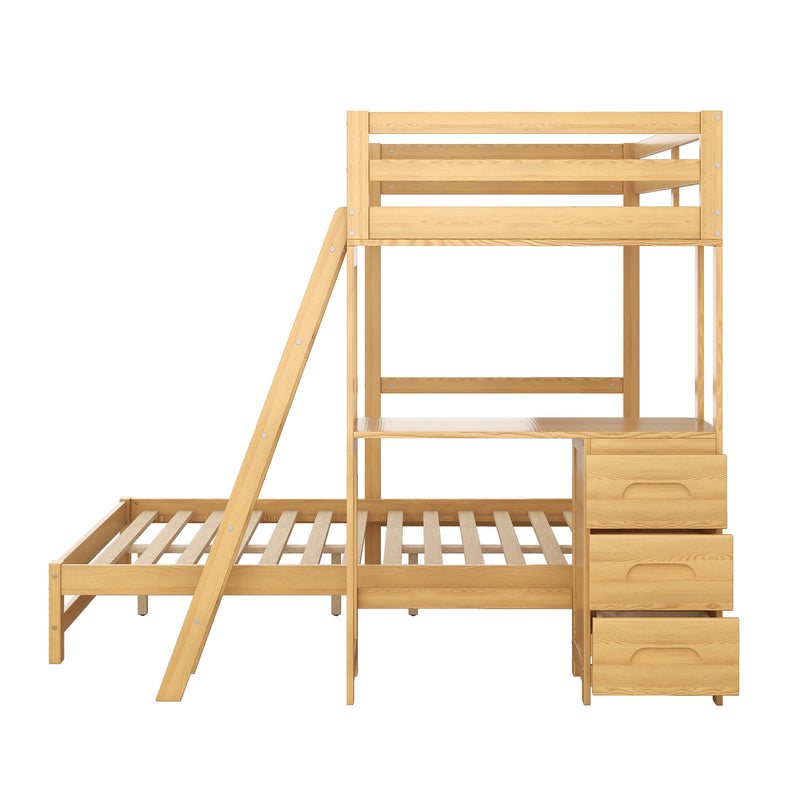 Twin over Full Bunk Bed with Built-in Desk and Three Drawers, Natural