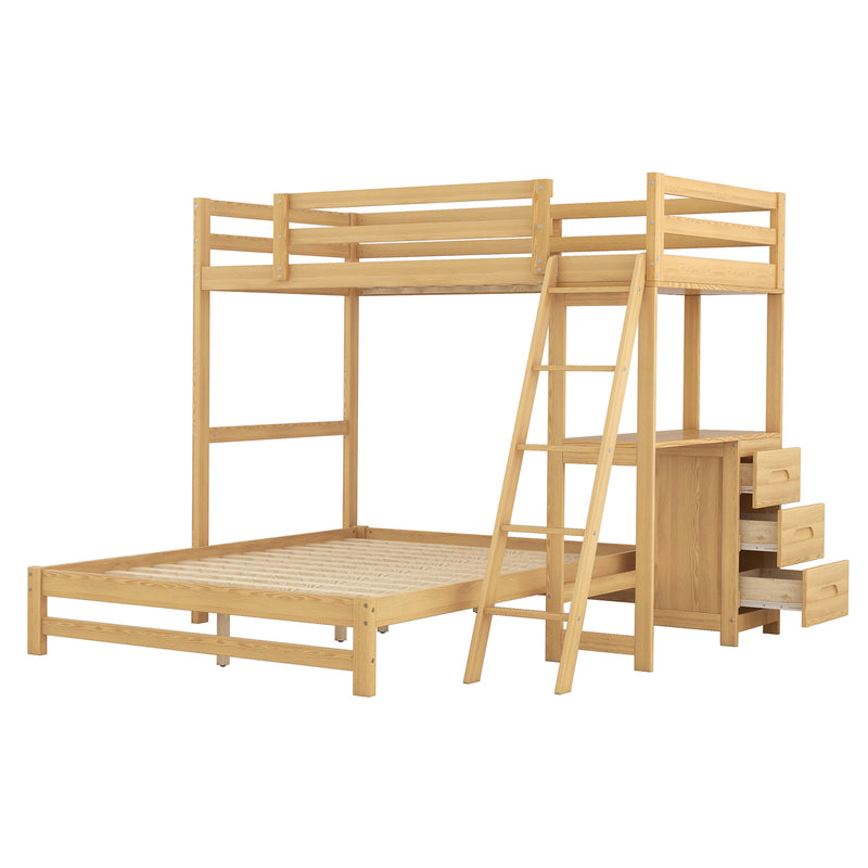 Twin over Full Bunk Bed with Built-in Desk and Three Drawers, Natural