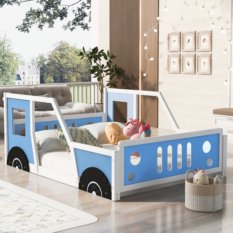 Full Size Classic Car-Shaped Platform Bed with Wheels,Blue