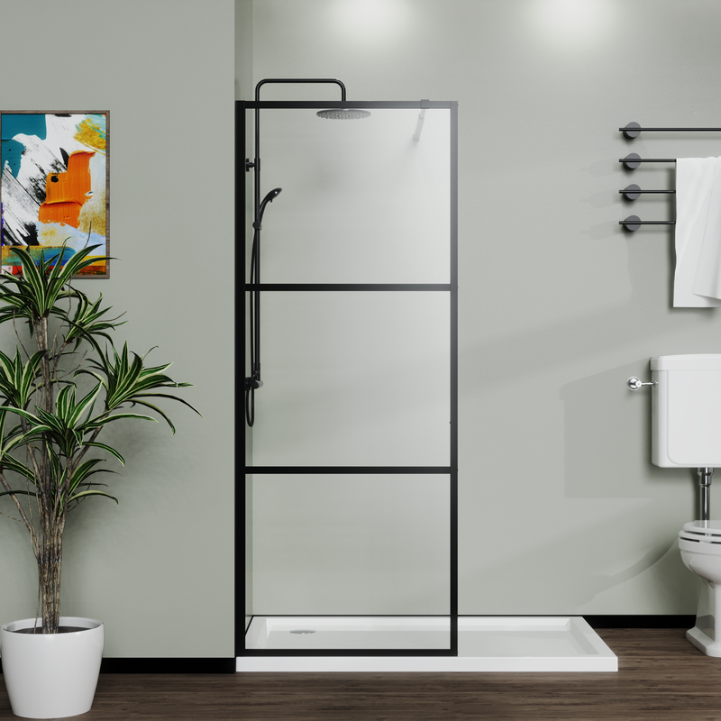 Goodyo 34" Shower Screen Door Walk-in Wet-room, Black, 3-panel Style