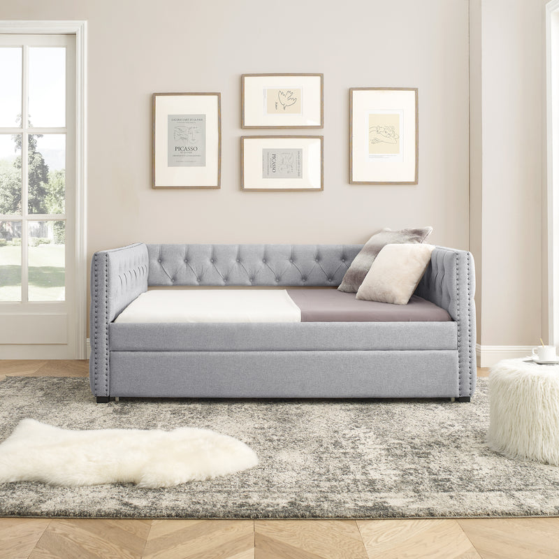Daybed with Trundle Upholstered Tufted Sofa Bed, with Button and Copper Nail on Square Arms，Full Daybed & Twin Trundle, Grey（86“x57”x33.5“）
