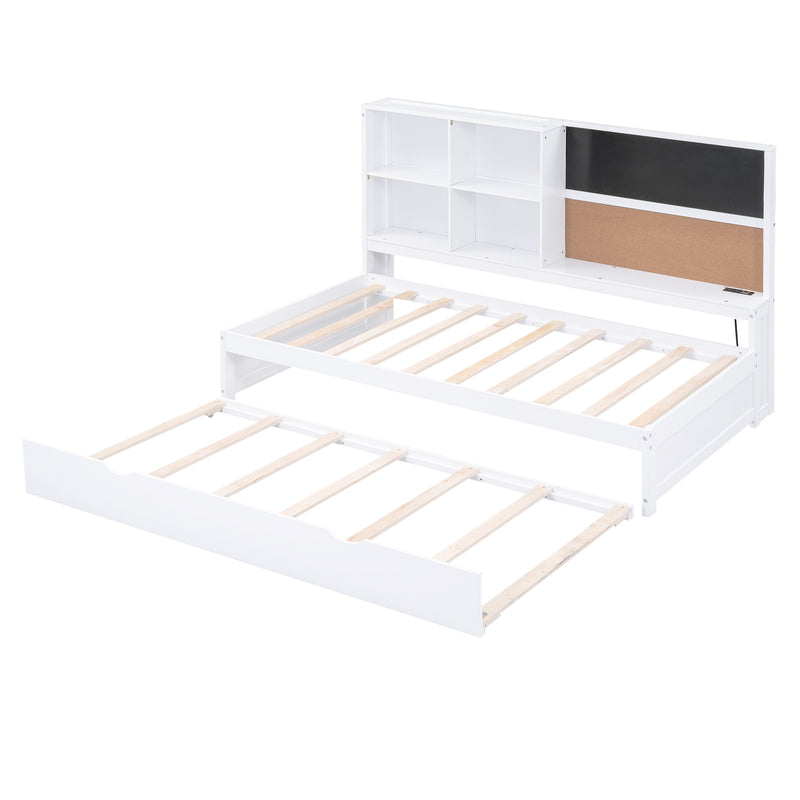 Twin Size Daybed with Storage Shelves, Blackboard, Cork board, USB Ports and Twin Size Trundle, White