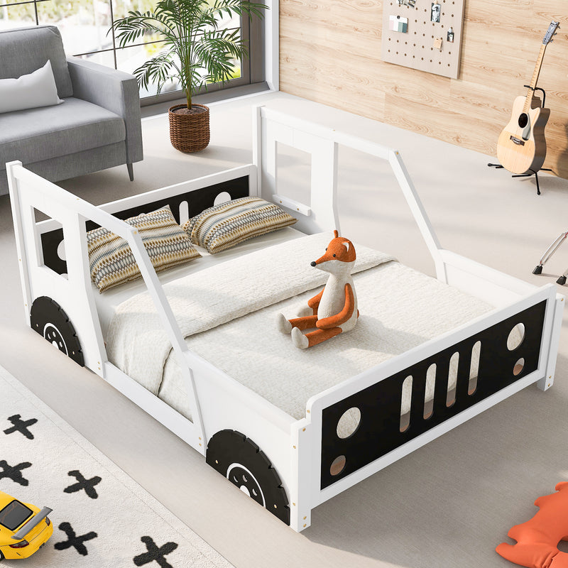 Full Size Classic Car-Shaped Platform Bed with Wheels,White