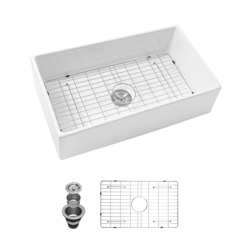 33 White Farmhouse Sink - 33 Inch Kitchen Sink White Undermount Single Bowl Apron Front Ceremic Sink Farm Style Drain Asseblemly and Bottom Grate 33x18x10 Inch