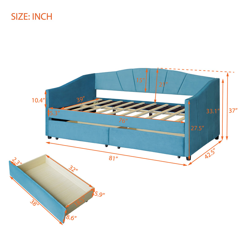 Upholstered daybed Twin Size with Two Drawers and Wood Slat Suppot ,Blue