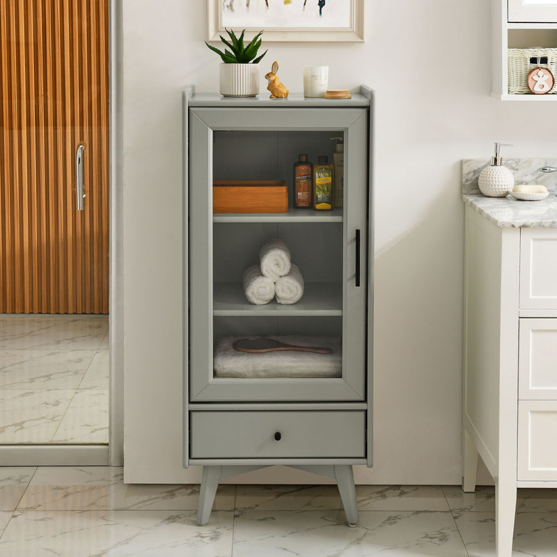 Modern Bathroom Storage Cabinet & Floor Standing cabinet with Glass Door with Double Adjustable Shelves and One Drawer, Extra Storage Space on Top, Gray(19.75"×13.75"×46")