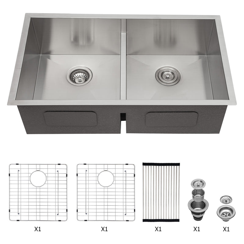 Double Bowl(50/50) Undermount Sink- 33"x19" Double Bowl Kitchen Sink 16 Gauge with Two 10" Deep Basin