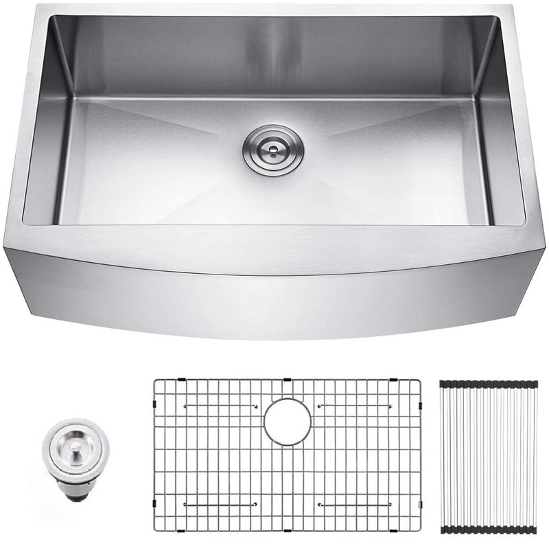 Brushed Nickel 16 gauge Stainless Steel 33 in. Single Bowl Farmhouse Apron Kitchen Sink with Bottom Grid and Basket Strainer