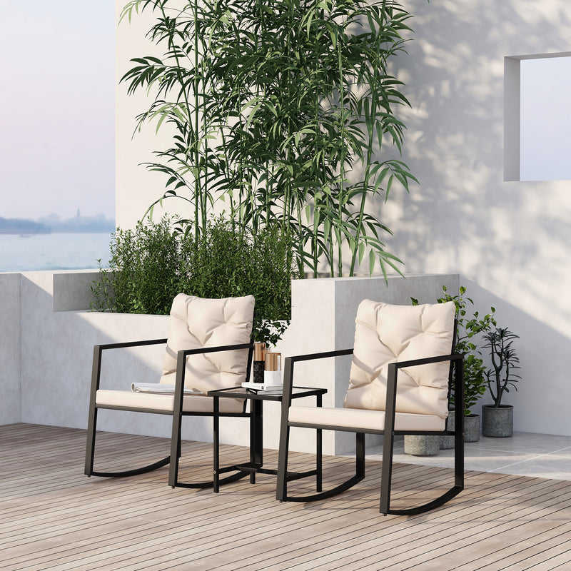 3 Pieces Patio Set Outdoor  Patio Furniture Sets Modern Rocking Chair Furniture Sets Clearance Cushioned  Chairs Conversation Sets with Coffee Table  for Yard and Bistro (Beige)