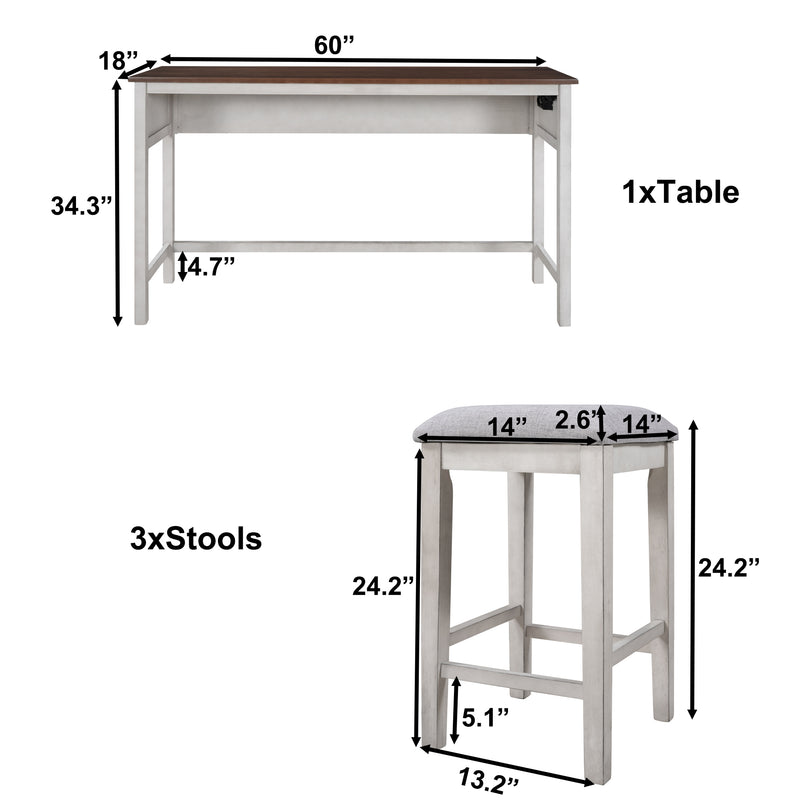 4 Pieces Counter Height Table with Fabric Padded Stools,Rustic Bar Dining Set with Socket,Cherry Top +Distressed White Body