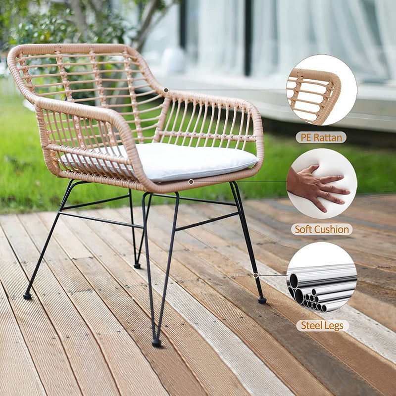 3 Piece Patio Set, Outdoor Wicker Chairs with Glass Top Table and Soft Cushion, Rattan Front Porch Furniture