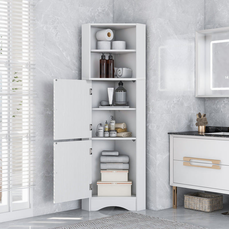 Tall Bathroom Corner Cabinet, Freestanding Storage Cabinet with Doors and Adjustable Shelves, MDF Board, White