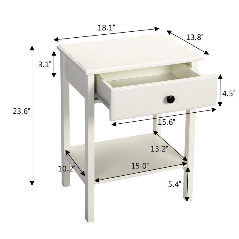 Wooden Tall Nightstand with Bottom Shelf & Drawer,Two Pieces,White