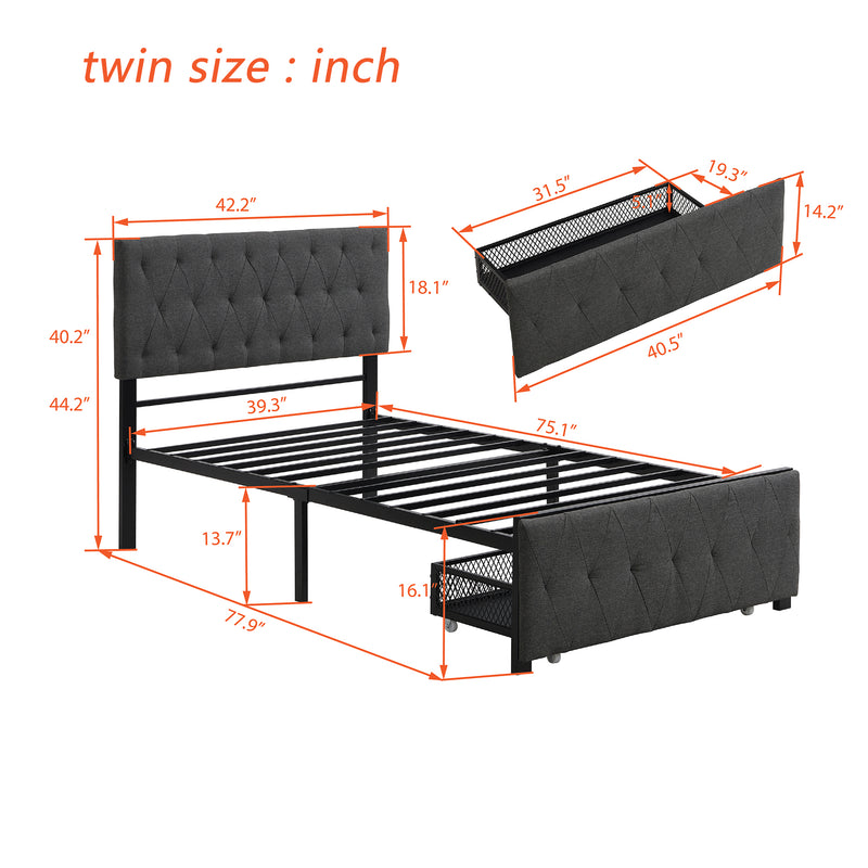 Twin Full Queen Size Storage Bed Metal Platform Bed with a Big Drawer - Beige, Gray